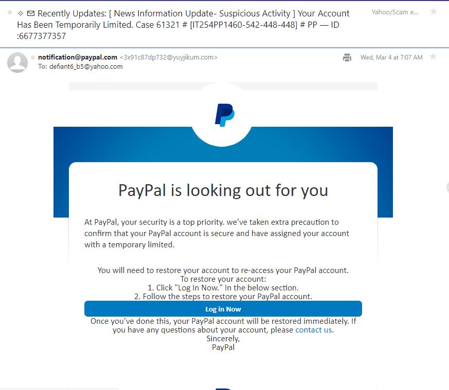 Another PayPal Phishing Email Scam