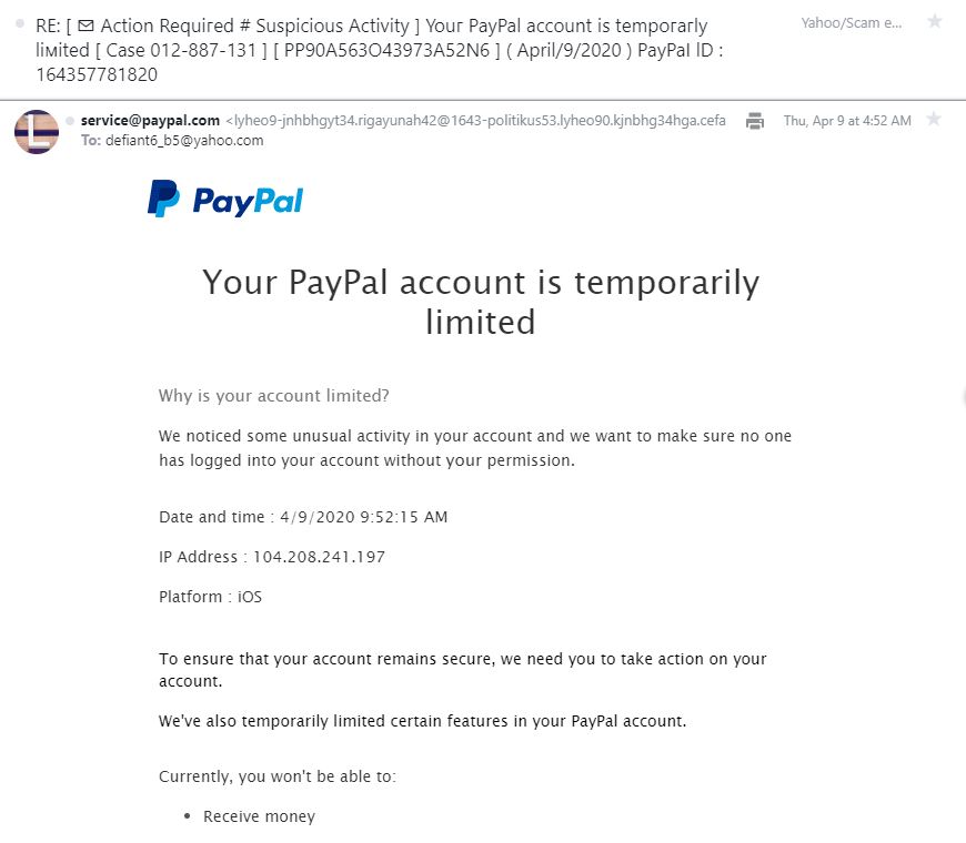 Sophisticated PayPal Phishing Email
