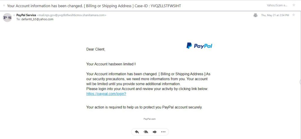 Another PayPal Phishing Email