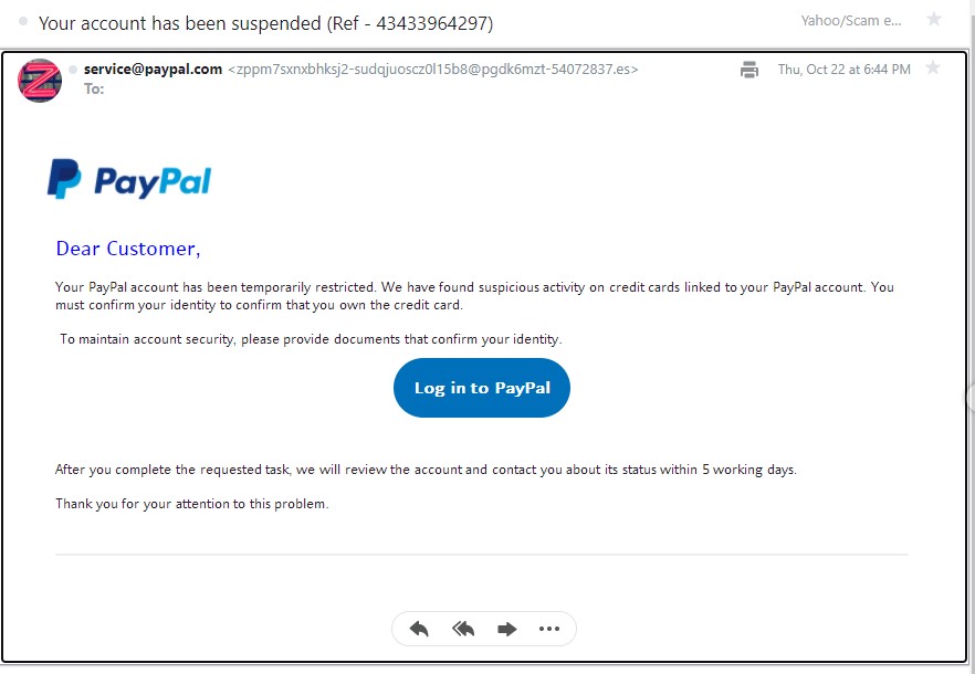 paypal spam email