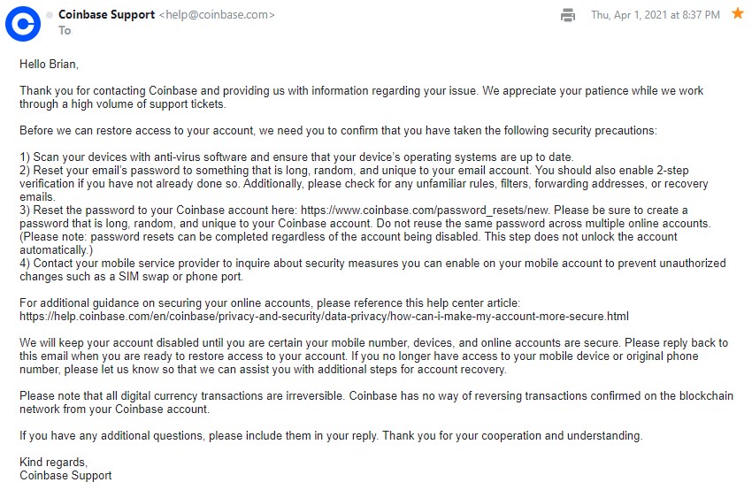 Real Coinbase Email